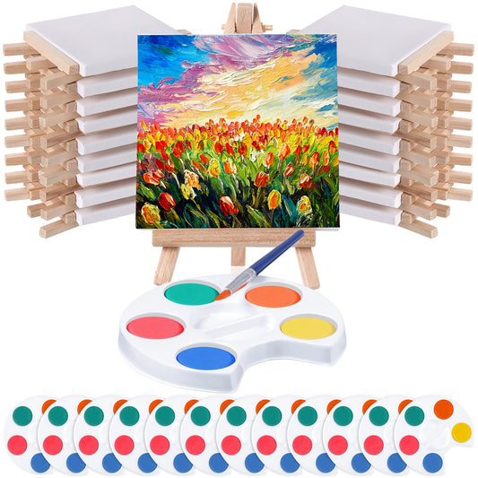 Crtiin Watercolor Paint Sets Mini Paint Set 4x4 Small Painting Canvas with Easel Paints Brush Set Art Party Favors and Watercolor Paint Party Favors for School Classroom Birthday(24 Set)