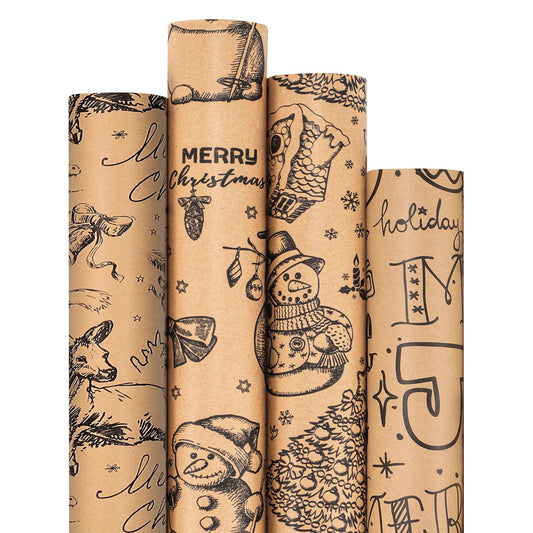 woric 4 Rolls Vintage Gift Wrapping Paper 30x120 inch(10ft) Brown Wrapping Paper Jumbo Rolls Valentines Wrapping Paper Large Roll With Black Pattern