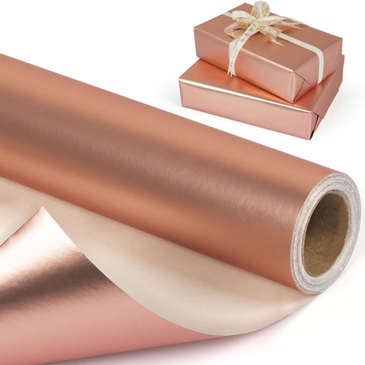 Rose Gold Wrapping Paper Roll - Solid Color Metallic Wrapping Paper - Matte Wrapping Paper Roll - Gift Wrapping Paper for Birthday Wedding Christmas Mothers Day Baby Shower - 17 Inches x 32.8 Feet