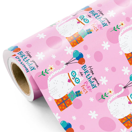WRAPAHOLIC Cat Birthday Wrapping Paper Roll - Mini Roll - 17 Inch x 16.5 Feet - Pink Kitty Cat Happy Birthday Wrapping Paper for Kids Girls Birthday Baby Shower