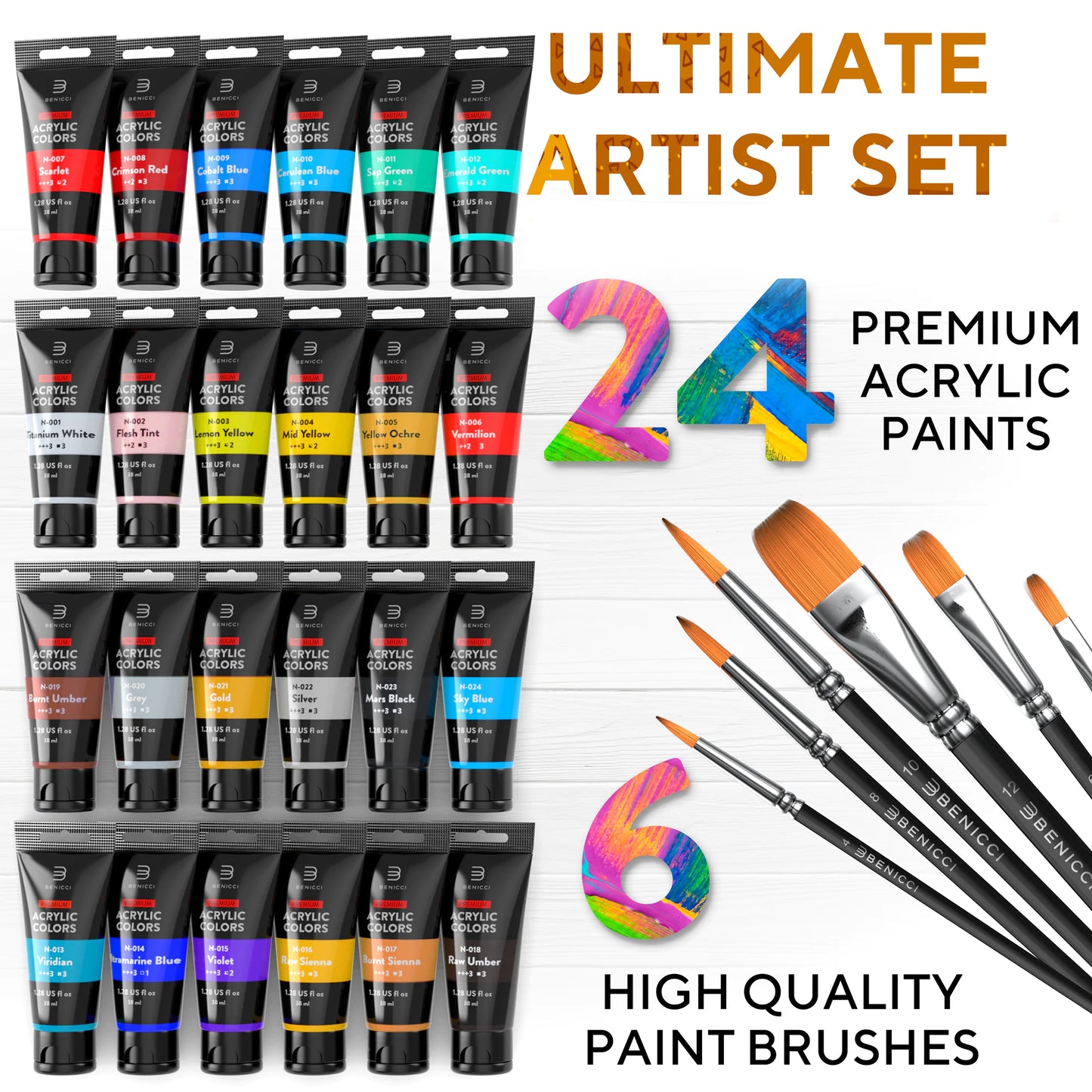 Premium Quality Acrylic Paint Set 24 Colors with 6 Nylon Brushes