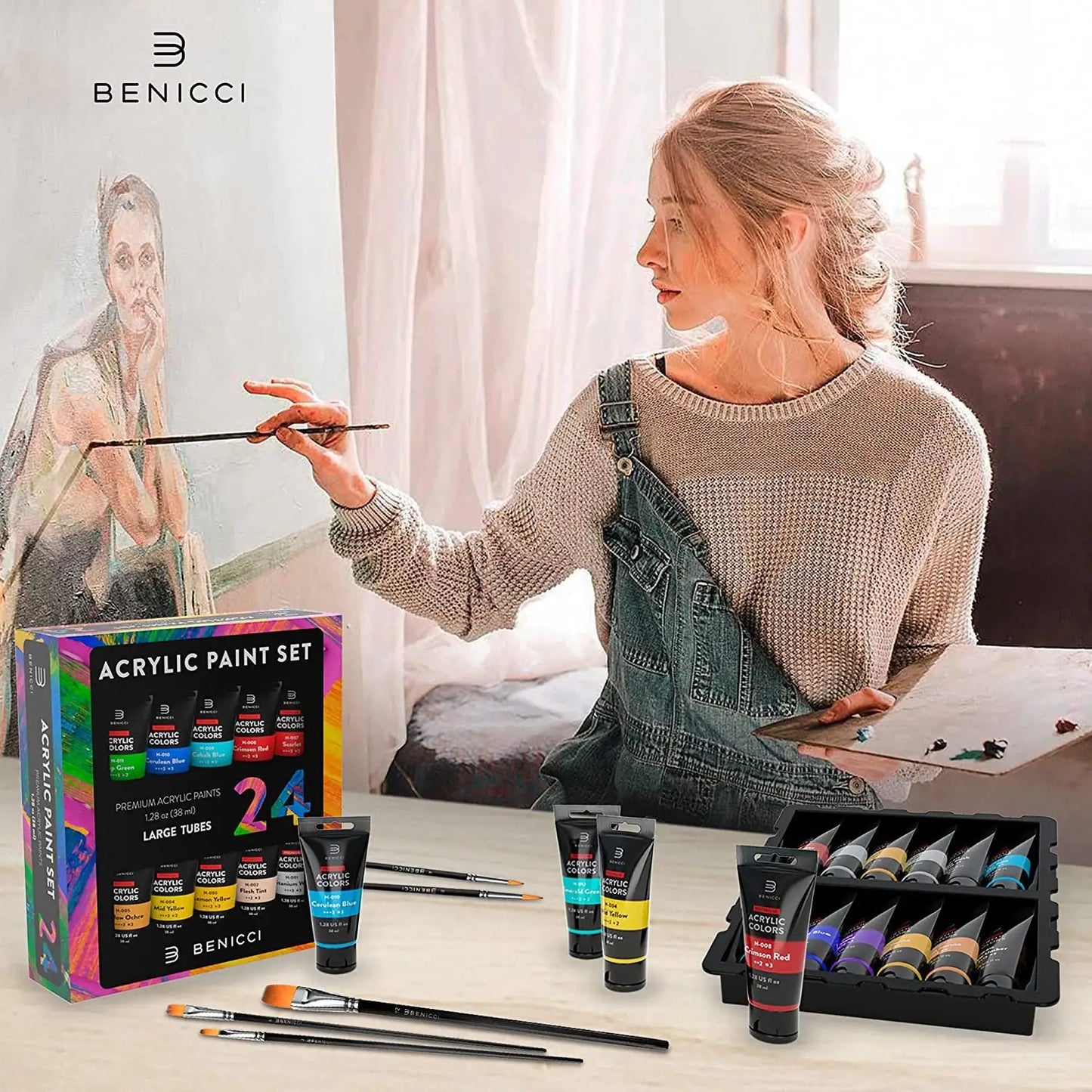 Premium Quality Acrylic Paint Set 24 Colors with 6 Nylon Brushes