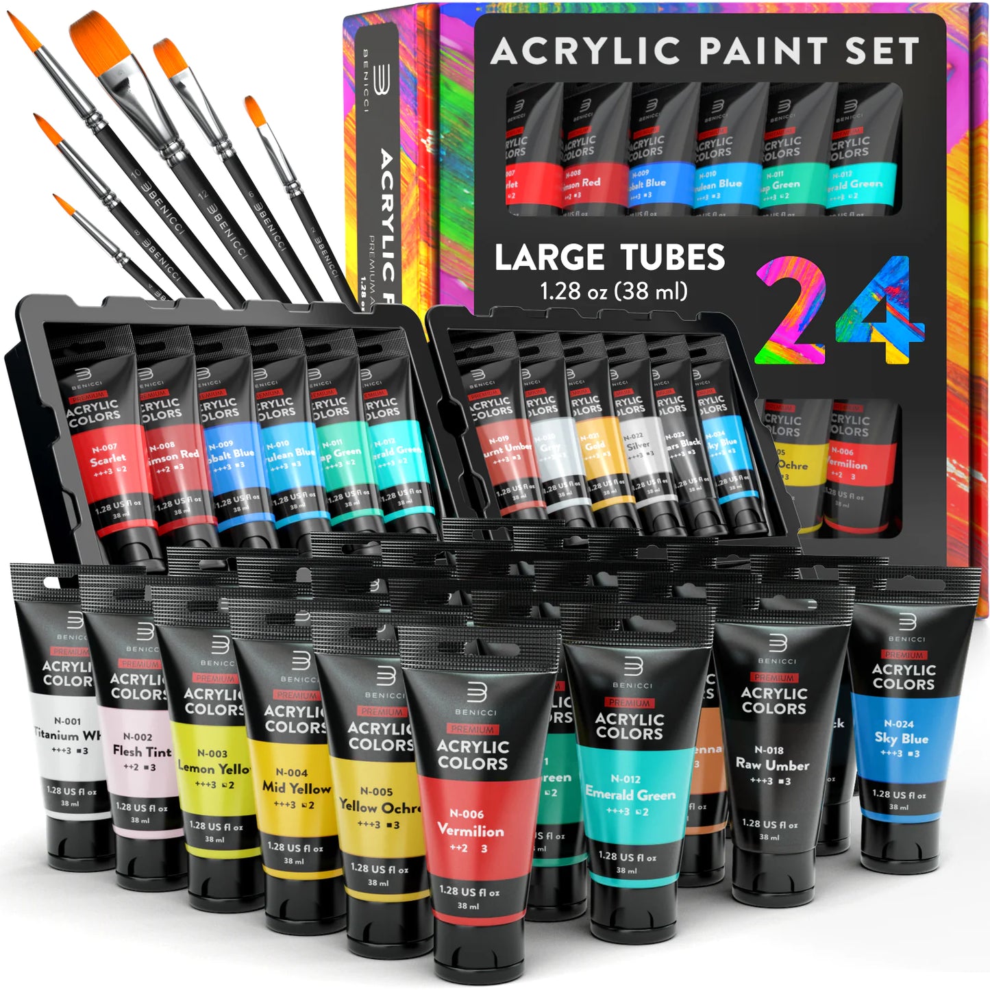 Premium Quality Acrylic Paint Set 24 Colors with 6 Nylon Brushes