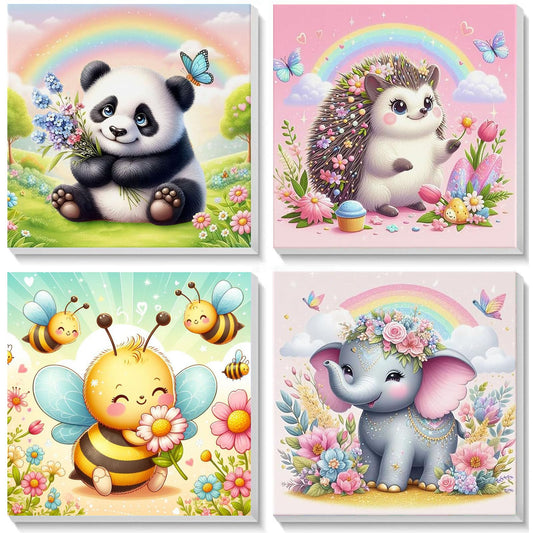 4 Pack Animal Paint by Number for Kids with Wooden Frame-Paint by Numbers for Kids Animals Ages 4-8-12Easy Elephant Panda Bee Hedgehog DIY Acrylic Oil Painting Kits for Home Wall Decor(8X8inch)