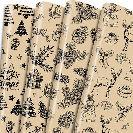 Keluna Vintage Brown Christmas Wrapping Paper - 12 Sheets Woodland Christmas Wrapping Paper Rustic Reindeer Christmas Gifts Wrapping Paper Wrapping Paper for Men 19.7" x 27.6"