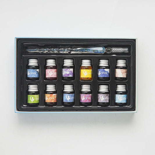Mermaid Story Glass Dip Pen Ink Set with Colorful Powders