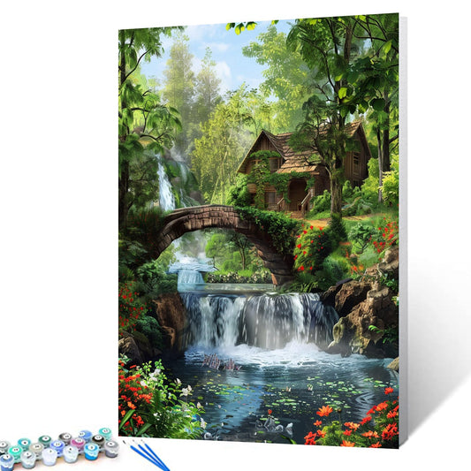 Tropical Frorest Waterfall Paint by Number for Adults BeginnerDIY Oil Painting Kits on Canvas with Brushes and Acrylic Pigment Abandoned Wooden HouseBridge Pictures Gifts 16x20 inch (Frameless)