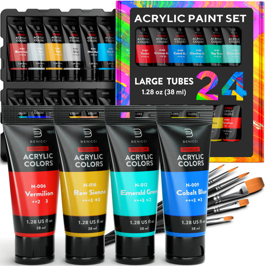 Premium Quality Acrylic Paint Set 24 Colors with 6 Nylon Brushes